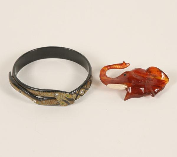 Appraisal: Bakelite Elephant Pin w Celluloid Snake Bangle Lot of carved