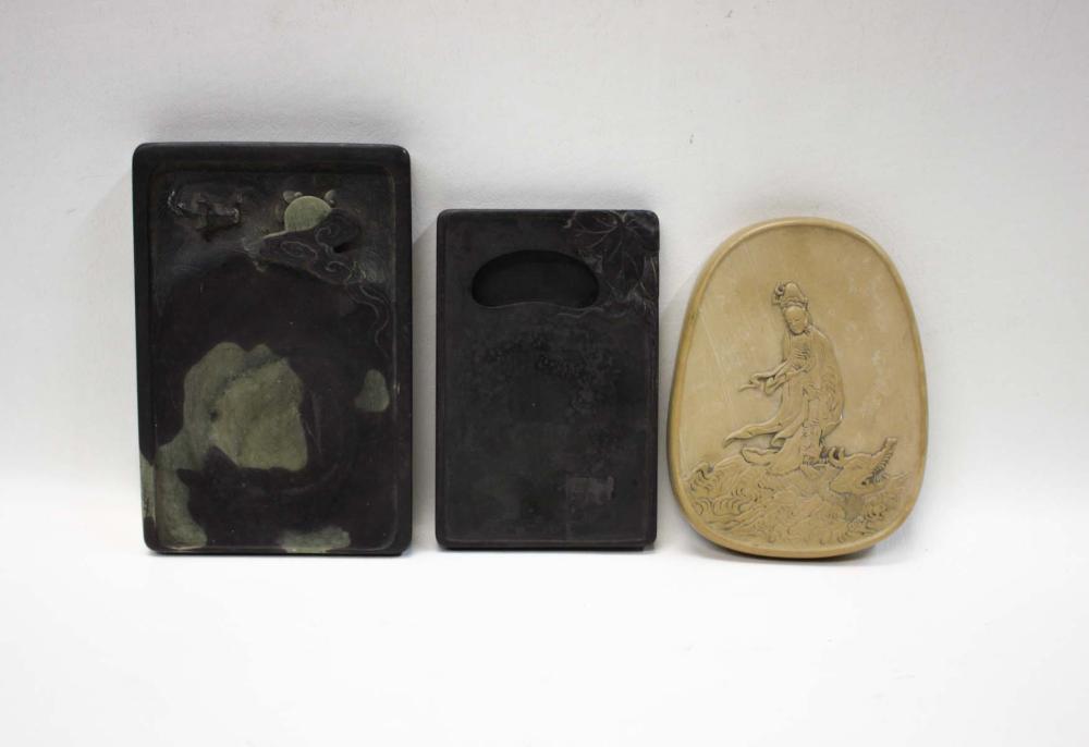 Appraisal: THREE CHINESE CARVED INK STONES of ovoid form with bamboo