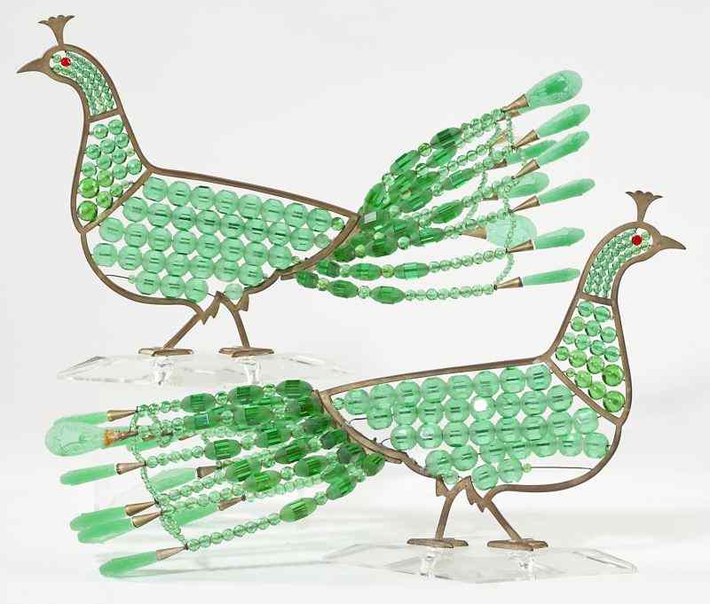 Appraisal: Pair of Art Deco Peacock Sculpturesconstructed of pale green glass