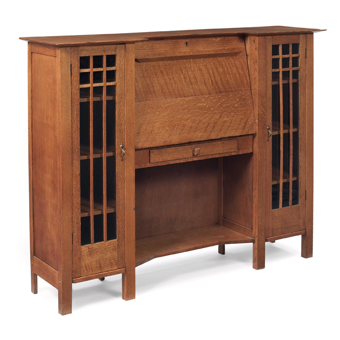 Appraisal: Brooks secretary drop-front form over a single drawer flanked by