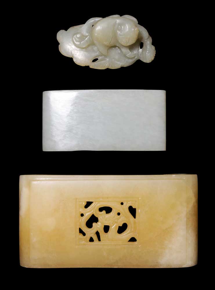 Appraisal: Agate and Jade Stands Jade Toggle Chinese pale yellow agate