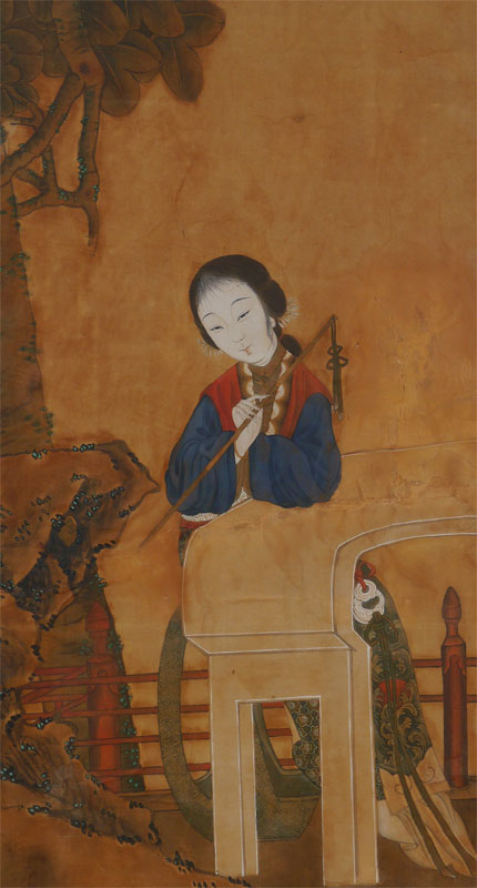 Appraisal: LARGE ORIENTAL PAINTING OF YOUNG GIRL Watercolor and Gouache sight