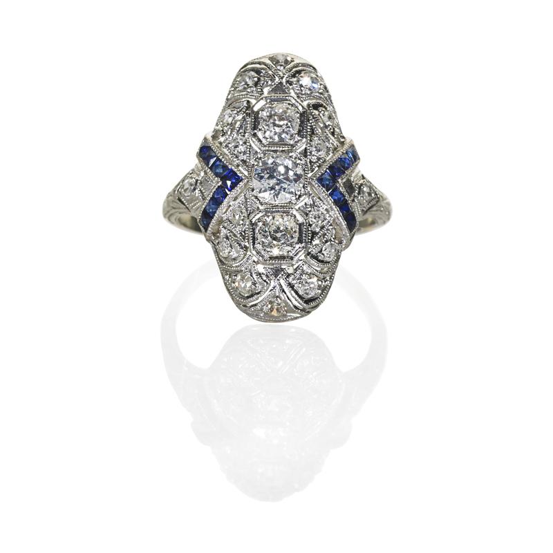 Appraisal: ART DECO DIAMOND SAPPHIRE PLATINUM NAVETTE RING Three OEC diamonds