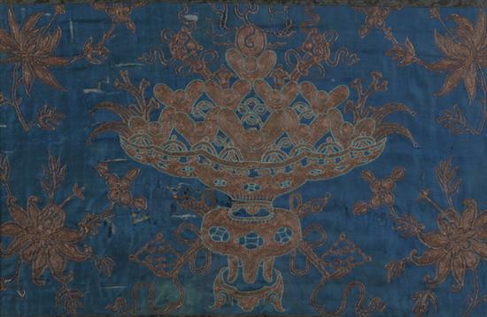 Appraisal: CHINESE BLUE EMBROIDERED SILK PANEL Qing Dynasty Framed - in