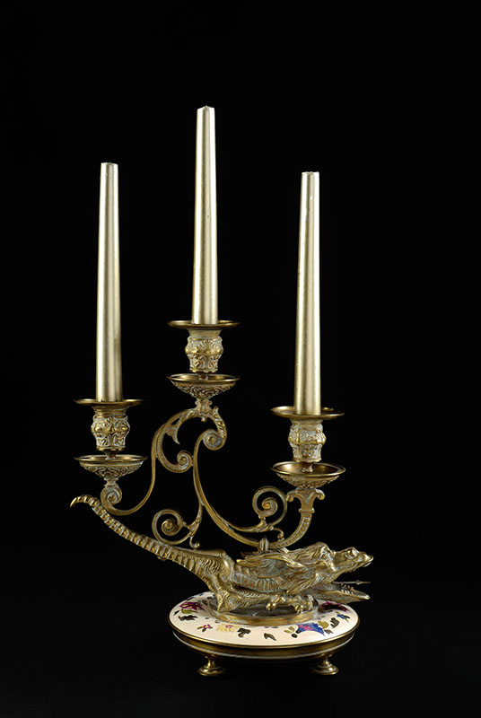 Appraisal: BRONZE ENAMELED DRAGON LIGHT CANDLEHOLDER Continental light foliate scroll lights