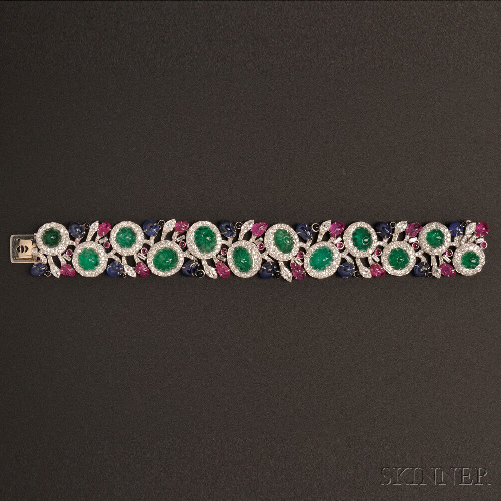 Appraisal: Platinum Carved Gemstone and Diamond Bracelet the wide strap set