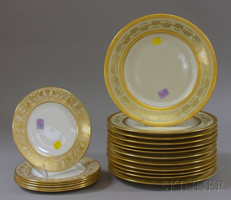 Appraisal: Set of Twelve Limoges Gilt and Pale Yellow Banded Porcelain