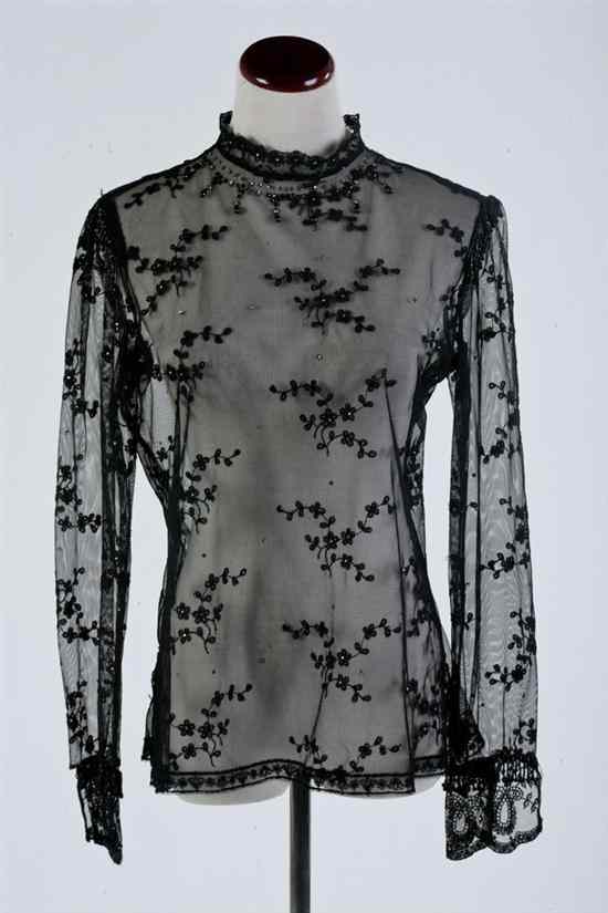 Appraisal: BLACK BEADED LACE BLOUSE Lace Completely sheer floral embroidery accented