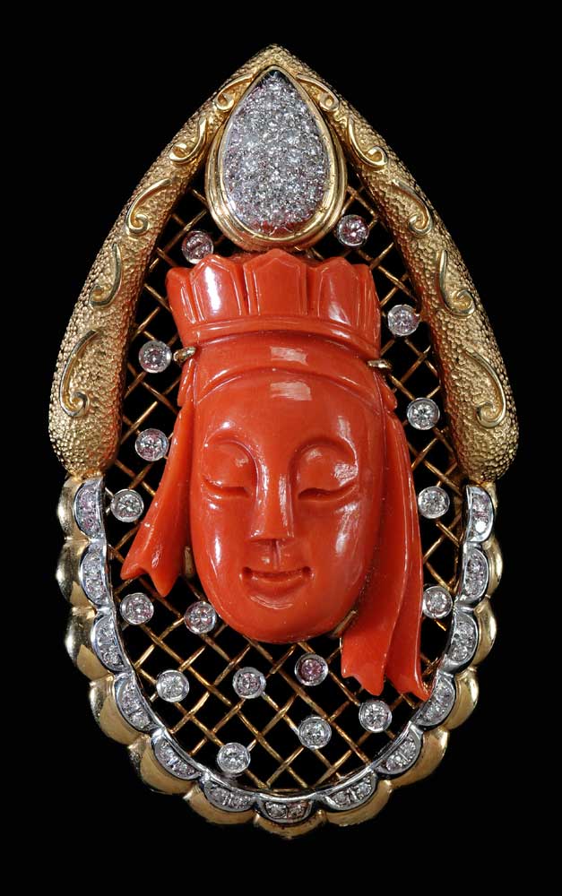 Appraisal: Coral Guanyin Head Diamond Brooch central carved salmon-colored coral Guanyin