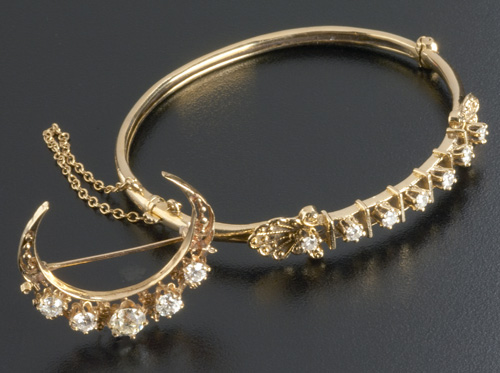 Appraisal: Victorian Revival diamond crescent brooch and hinged diamond k yg