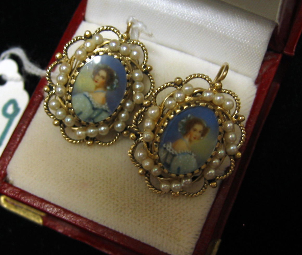 Appraisal: PAIR OF MINIATURE PORTRAIT SEED PEARL AND FOURTEEN KARAT GOLD