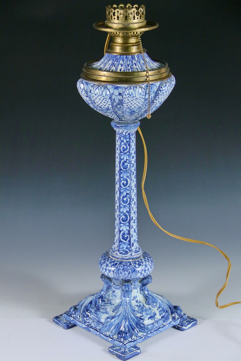 Appraisal: DELFT BANQUET LAMP th c French Faience Blue White Tall