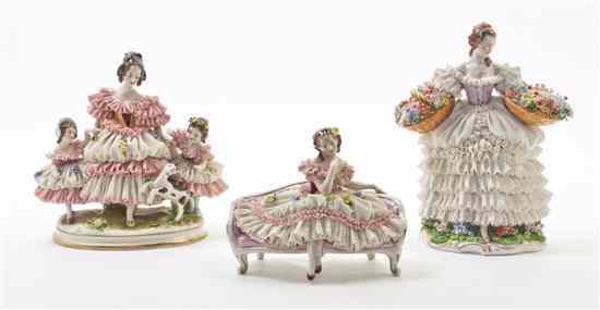 Appraisal: Three German Porcelain Lace Figural Groups comprising a dancer a