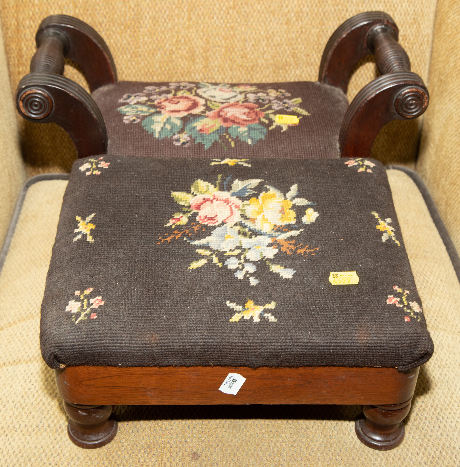 Appraisal: TWO FOOTSTOOLS WITH NEEDLEWORK COVERS