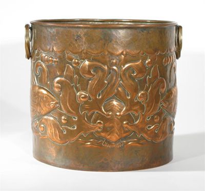 Appraisal: A large Newlyn hammered copper jardiniere drum form with applied