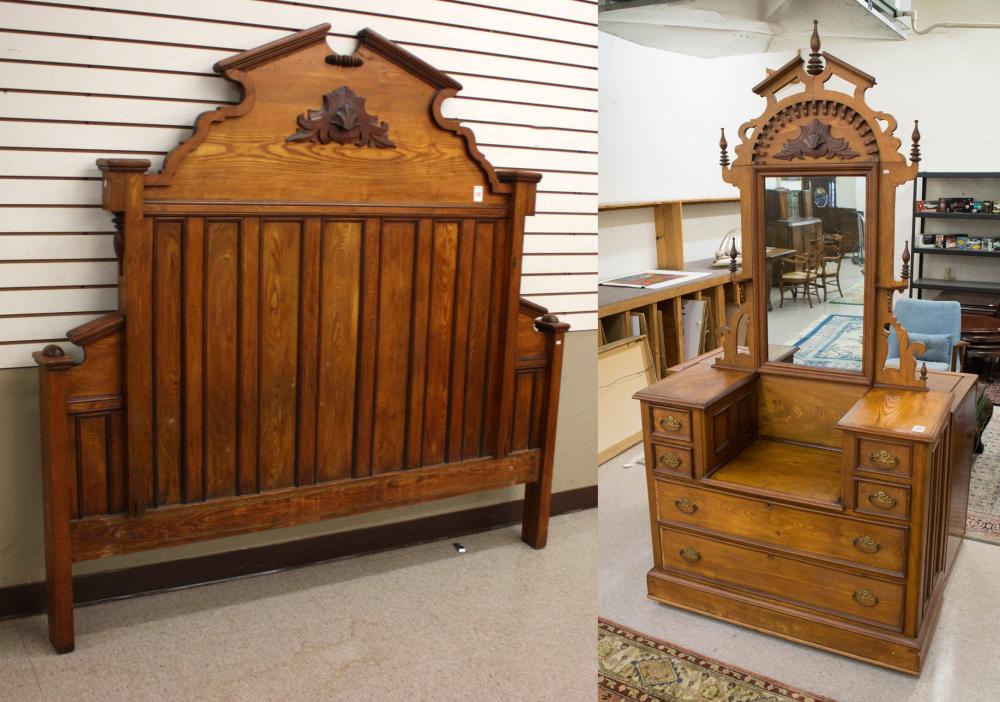 Appraisal: VICTORIAN HEADBOARD AND DRESSER SET American th century the headboard