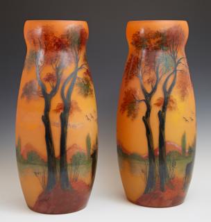 Appraisal: Pair of Large Art Nouveau Painted Orange Satin Gla Pair