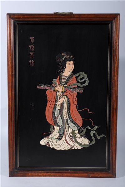 Appraisal: Hand-painted Japanese wood engraving depicting traditional geisha with peking orchid