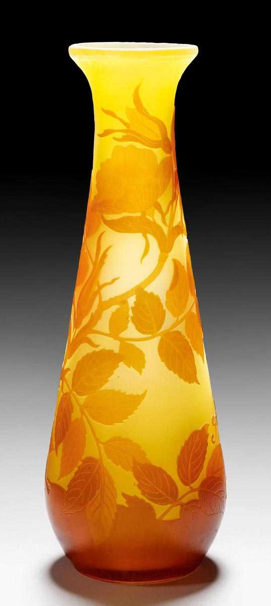 Appraisal: GALL MILE VASE circa Acid-etched yellow glass with pink overlay