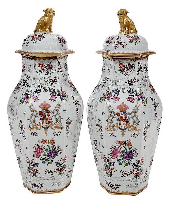 Appraisal: Pair Samson Armorial Porcelain Urns French th century each hexagonal