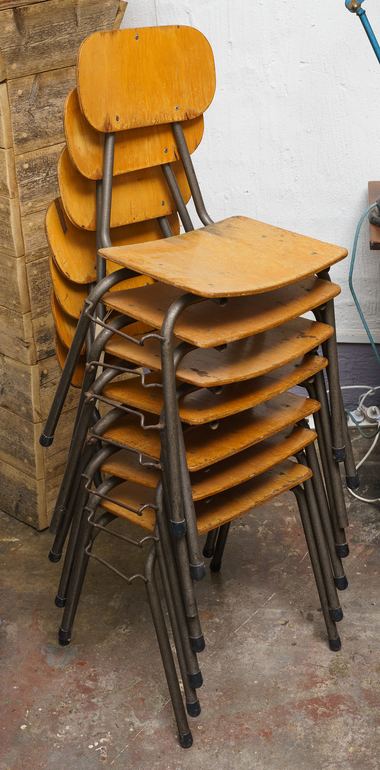 Appraisal: SEVEN DUTCH STACKABLE INDUSTRIAL CHAIRS Metal and original plywood h