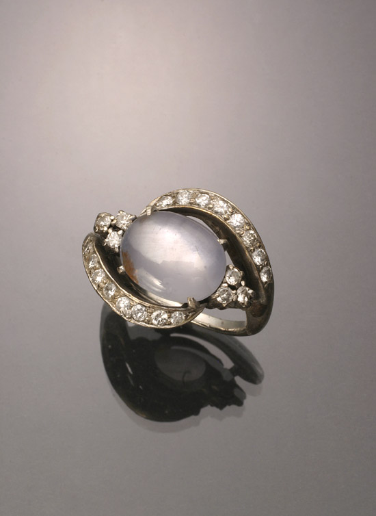 Appraisal: Tested -Karat White-Gold Blue Star Sapphire and Diamond Dinner Ring