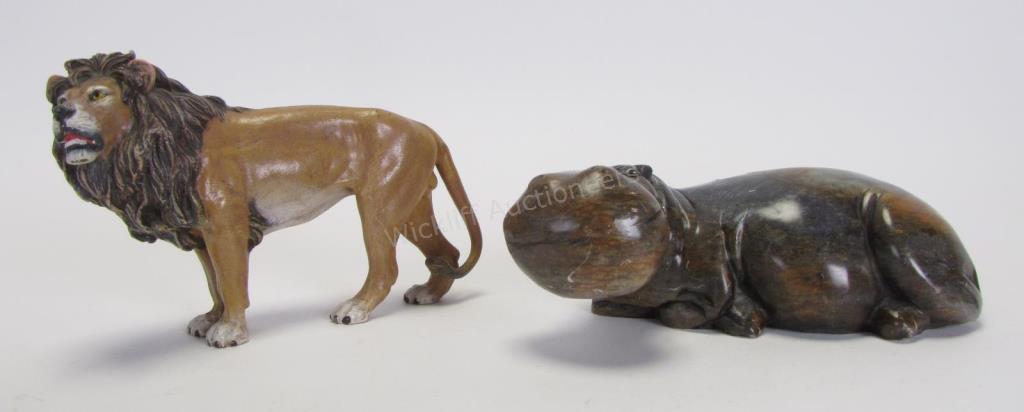 Appraisal: Austrian Bronze Lion and Stone Hippopotamus Franz Bergman cold painted