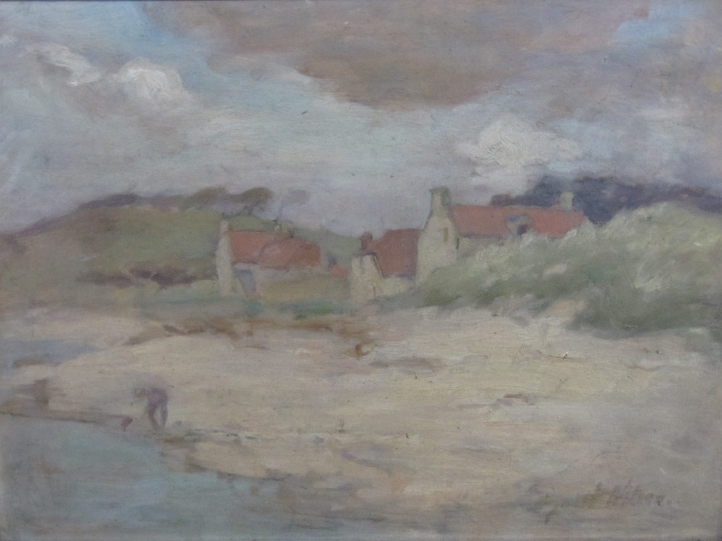 Appraisal: Oil on panel coastal scene with houses indistinctly signed