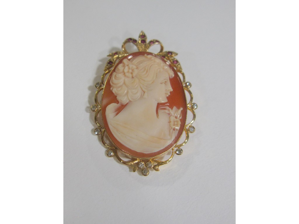 Appraisal: Cameo brooch pendant in ct gold ruby and diamond set