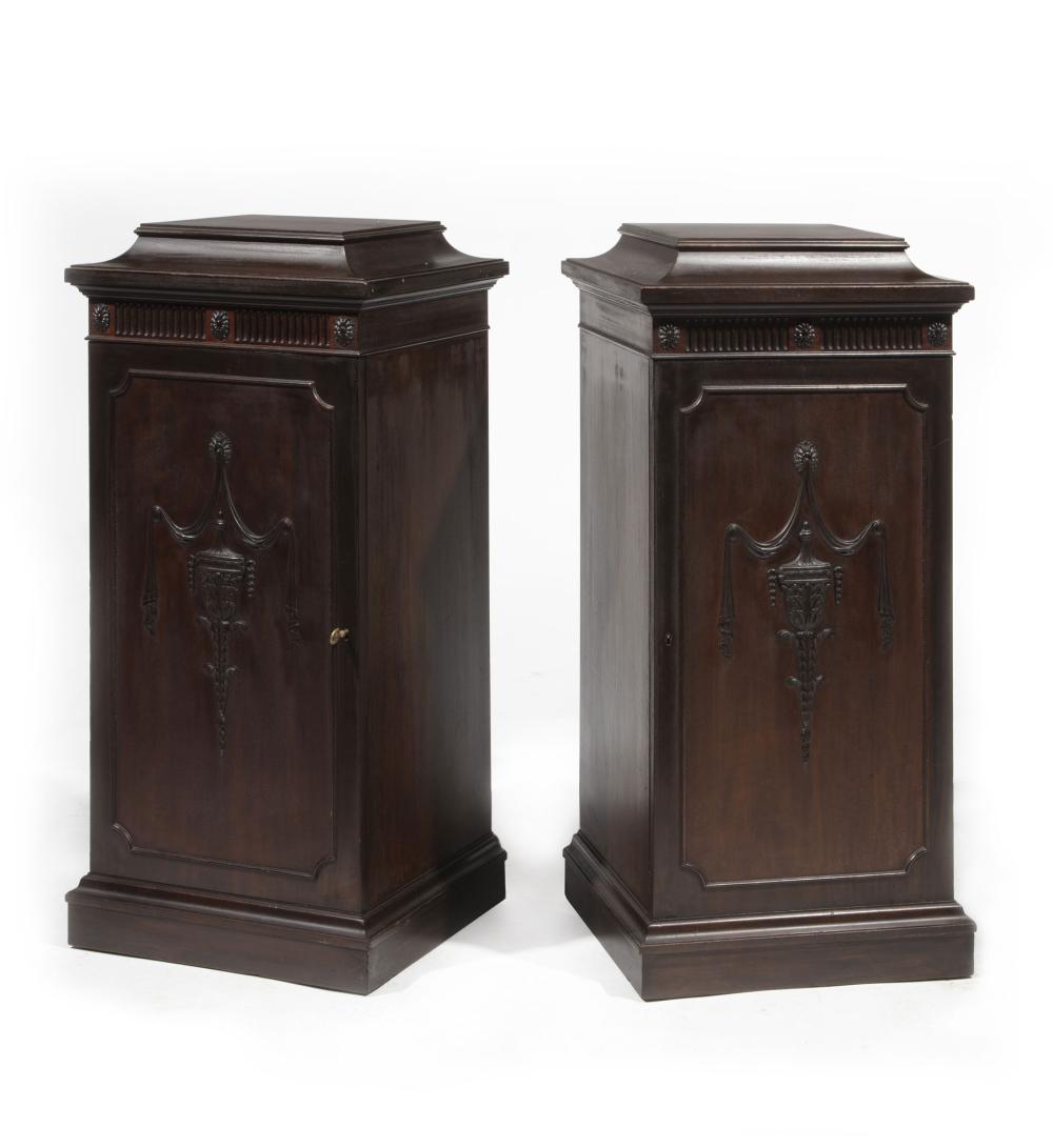 Appraisal: Pair of George III-Style Mahogany Pedestal Cabinets stepped coved top