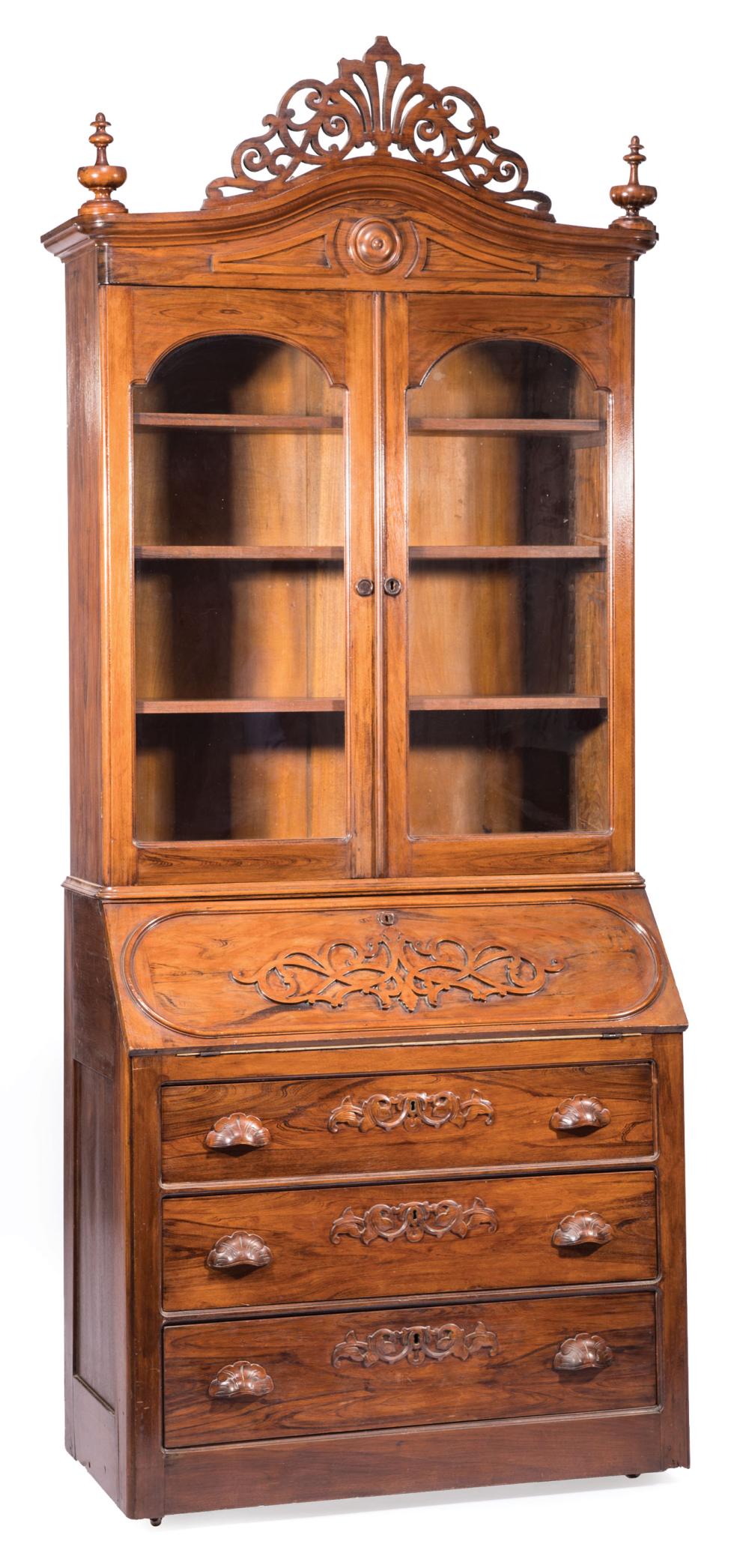 Appraisal: American Carved Rosewood and Grained Secretary Bookcase mid-to-late th c