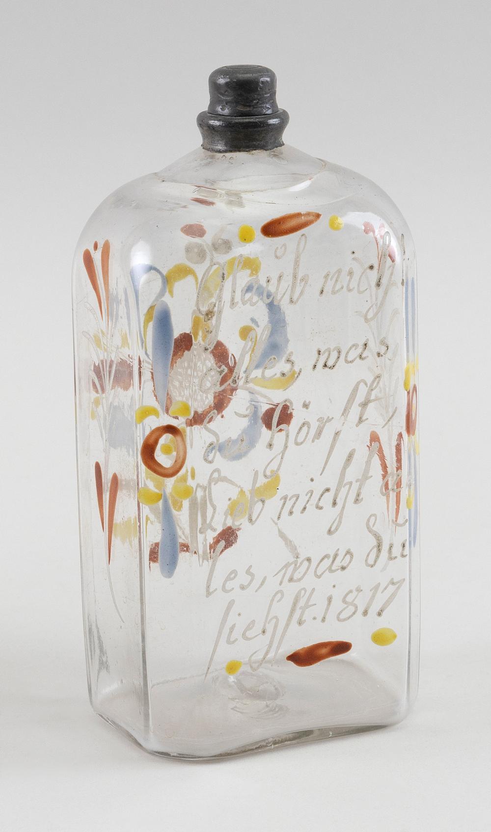 Appraisal: ENAMELED GLASS BOTTLE WITH GERMAN INSCRIPTION HEIGHT ENAMELED GLASS BOTTLE