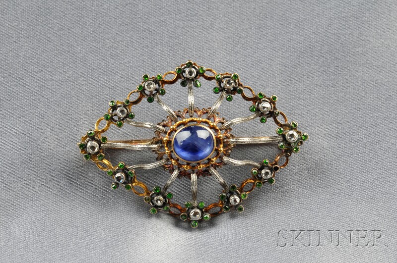 Appraisal: kt Gold Sapphire Demantoid Garnet and Diamond Brooch of navette-form