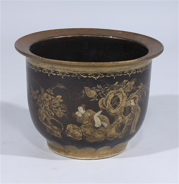 Appraisal: Chinese imitating lacquer porcelain planter with allover figures overall good