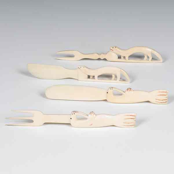 Appraisal: Eskimo Carved Ivory Forks and Knives Collected by lot of