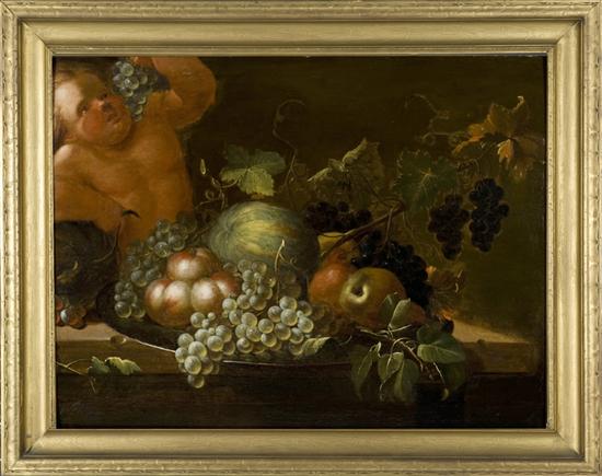 Appraisal: Still life of fruit with baby Dionysus Bacchus th th