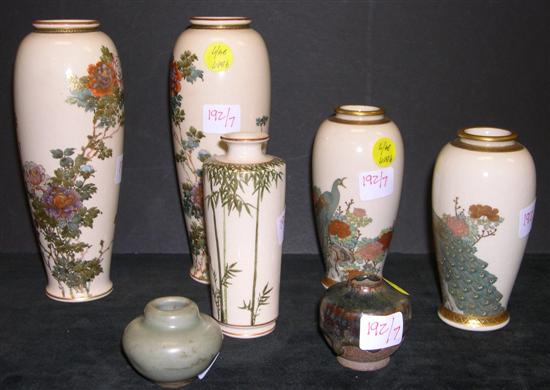 Appraisal: Seven assorted vases pair h with tree peonies and applied