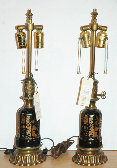 Appraisal: Pair of Metal Mounted Gilt Decorated Black Glass Two-Light Lamps