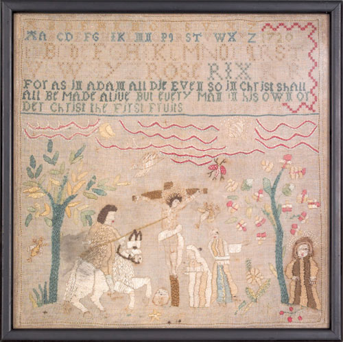 Appraisal: English silk on linen allegorical sampler dated x