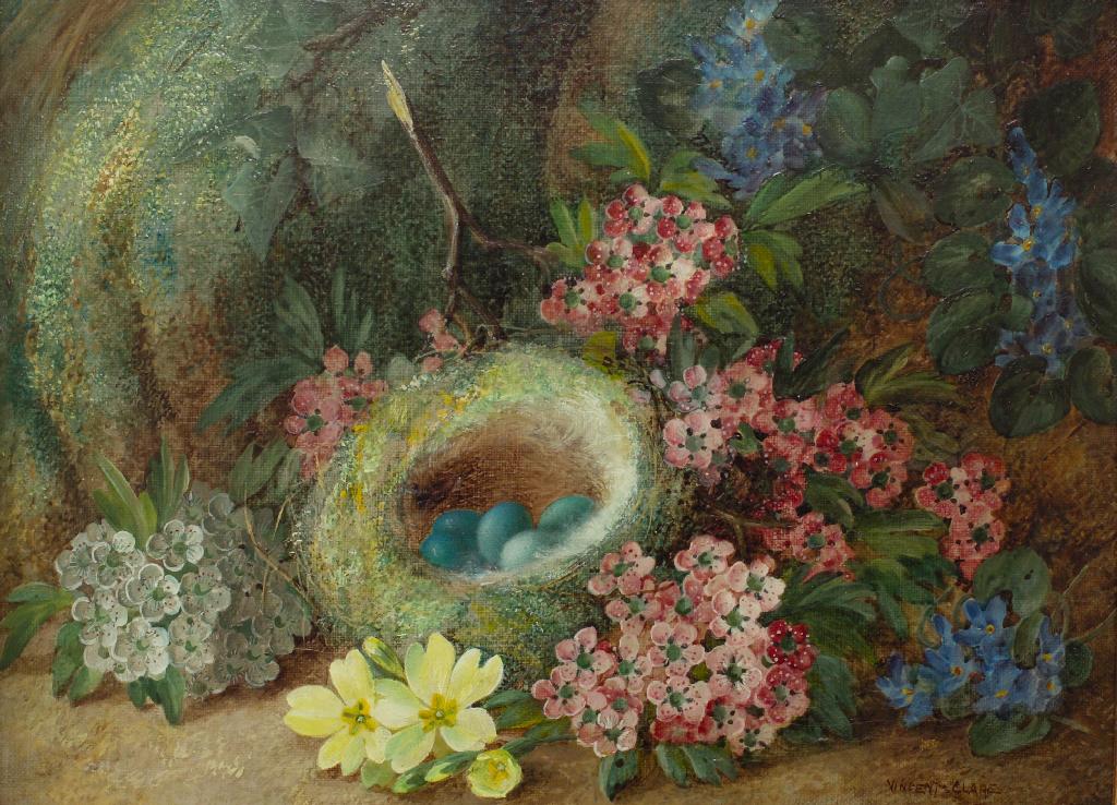 Appraisal: VINCENT CLARE - STILL LIFE WITH BIRD'S NEST AND FLOWERS