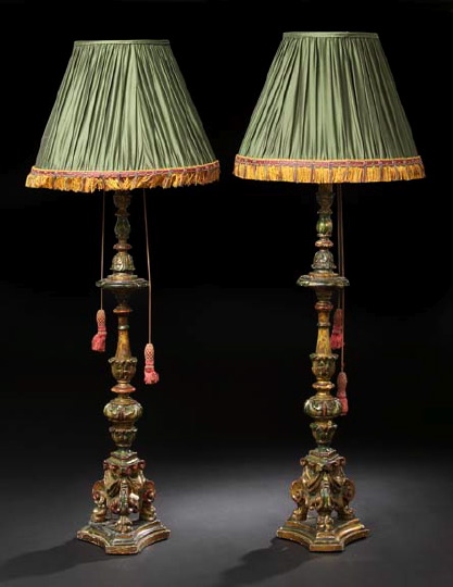 Appraisal: Opulent Pair of Italian Carved Polychrome-Lacquered and Parcel-Gilt Wooden Floor