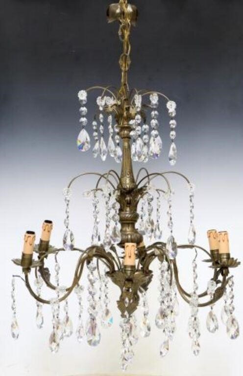 Appraisal: French patinated metal and crystal six-light chandelier th c having