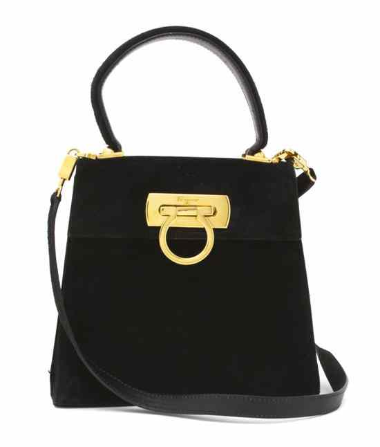 Appraisal: A Ferragamo Black Suede Bag with goldtone hardware flap closure