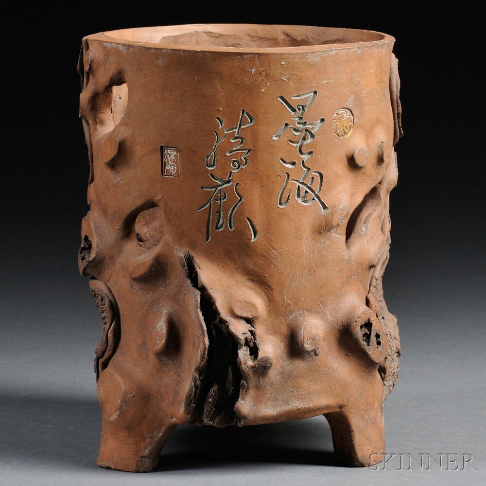 Appraisal: Pottery Brush Pot China contemporary tree trunk tripod form with