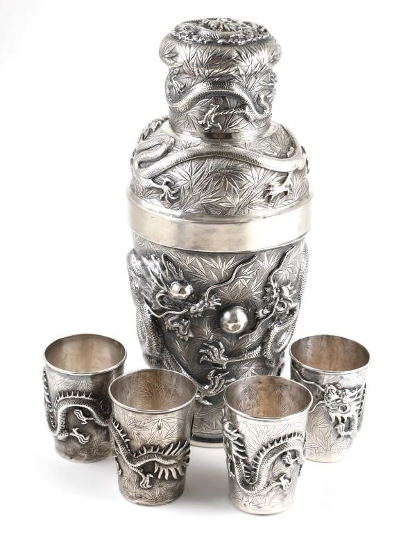 Appraisal: Antique Chinese export sterling silver cocktail shaker and four cups