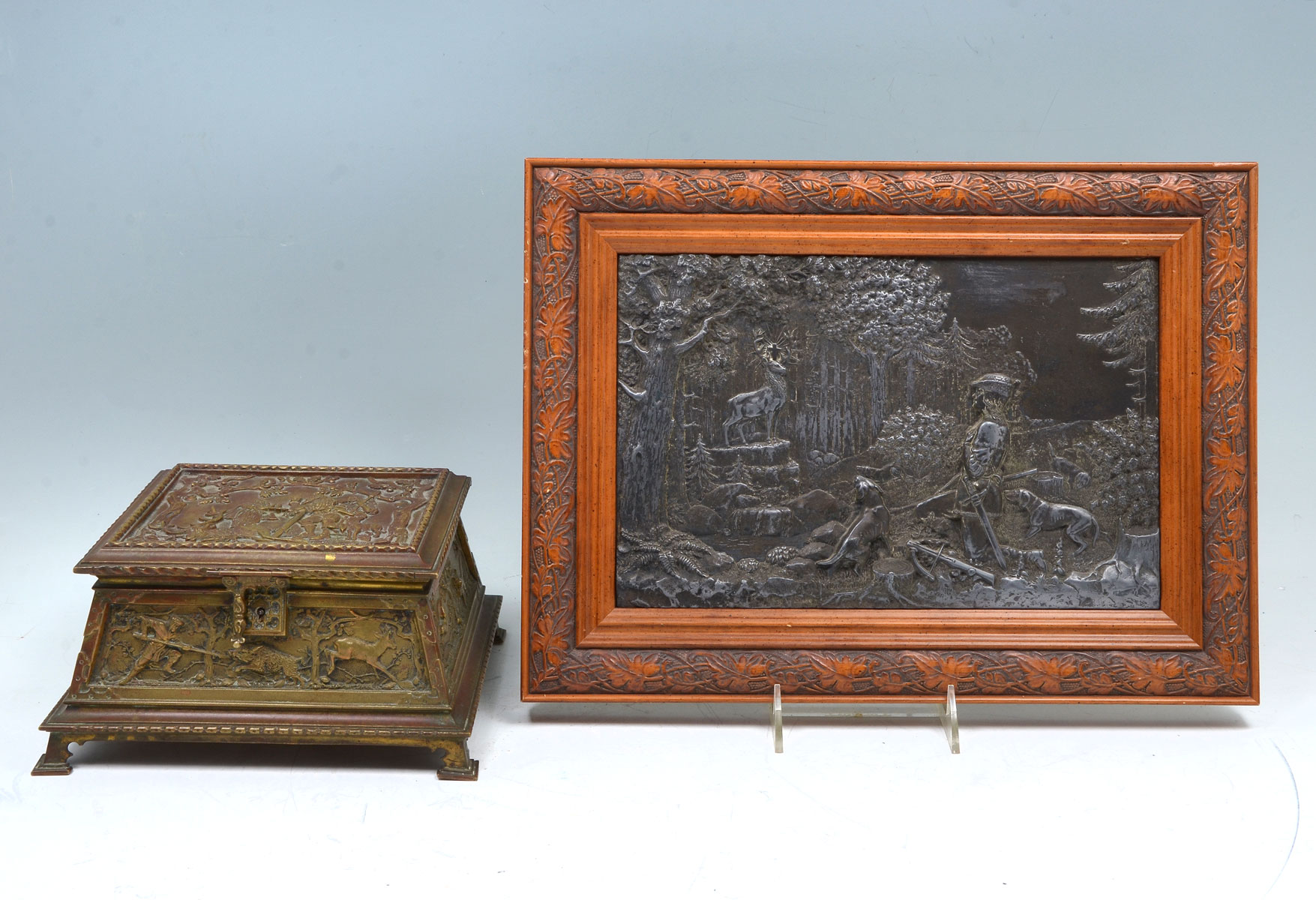 Appraisal: PC EMBOSSED EUROPEAN PLAQUE AND FOOTED BOX Comprising - Bronze