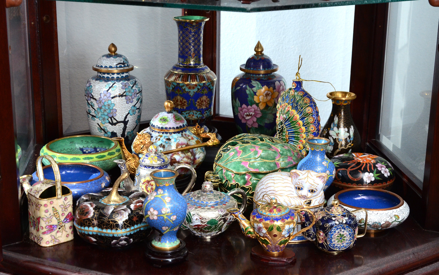 Appraisal: PIECE MINIATURE CLOISONNE COLLECTION Contents of the bottom shelf of