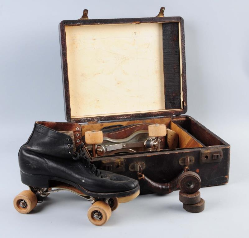 Appraisal: Early Roller Skates In Wooden Carrying Case 's - 's