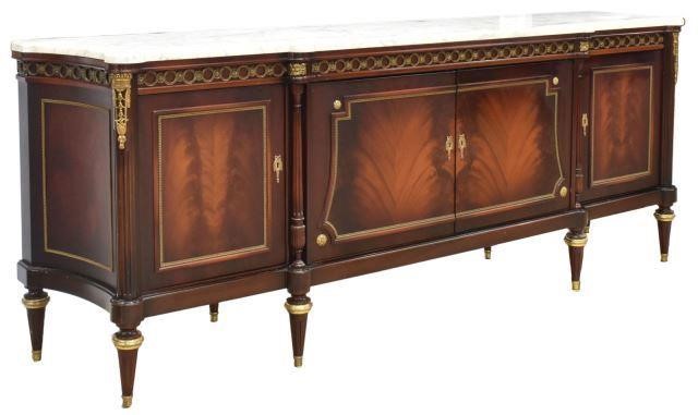 Appraisal: French Louis XVI style marble-top mahogany sideboard NF Meuble mid