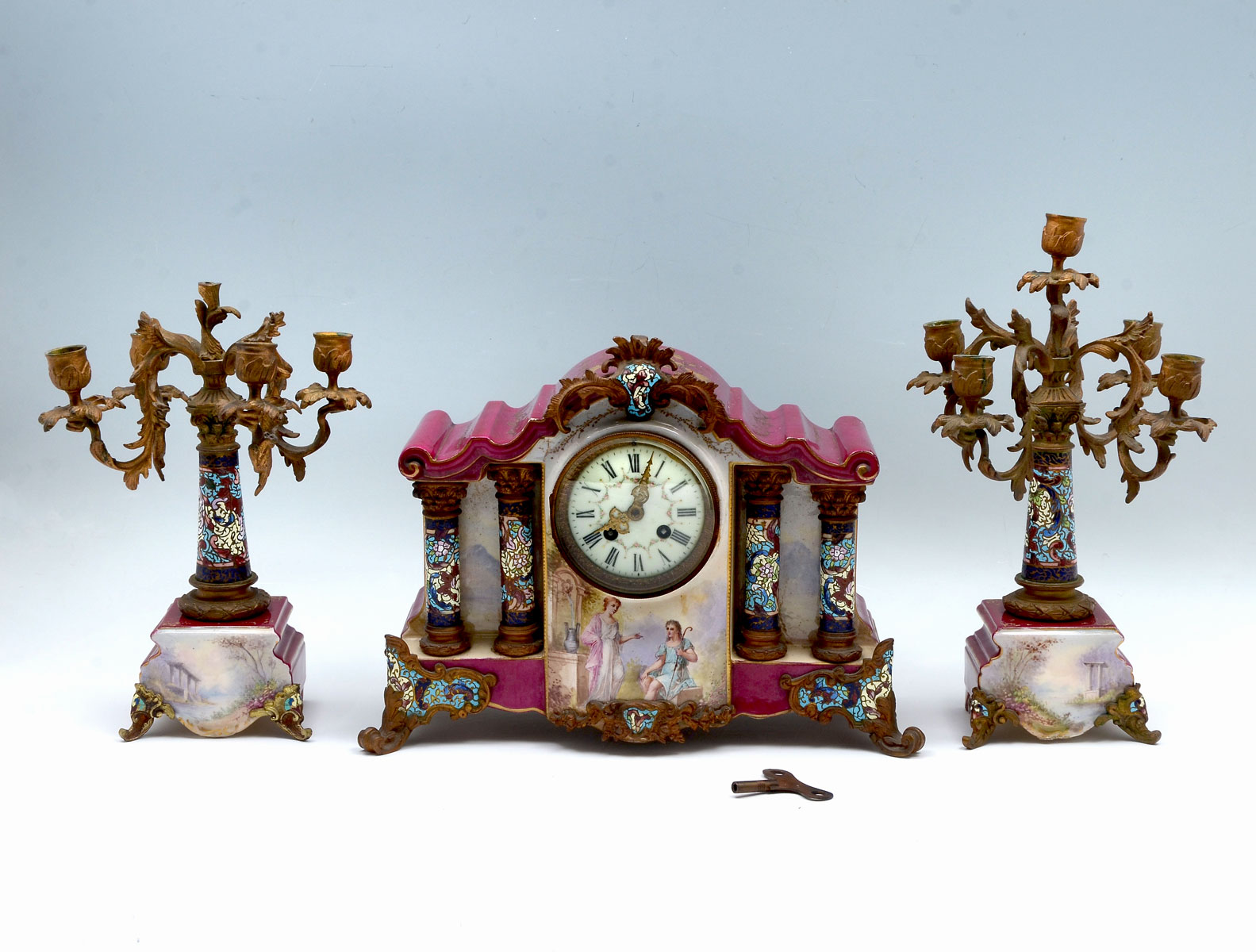 Appraisal: PIECE JAPY FRERES FRENCH ENAMEL CLOCK GARNITURE Comprising - Porcelain